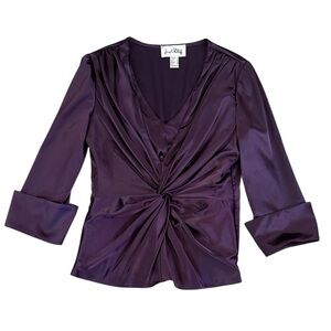 Joseph Ribkoff Dressy Purple Pleated V-Neck Top Ruched Satin 3/4 Sleeve Cuff US8